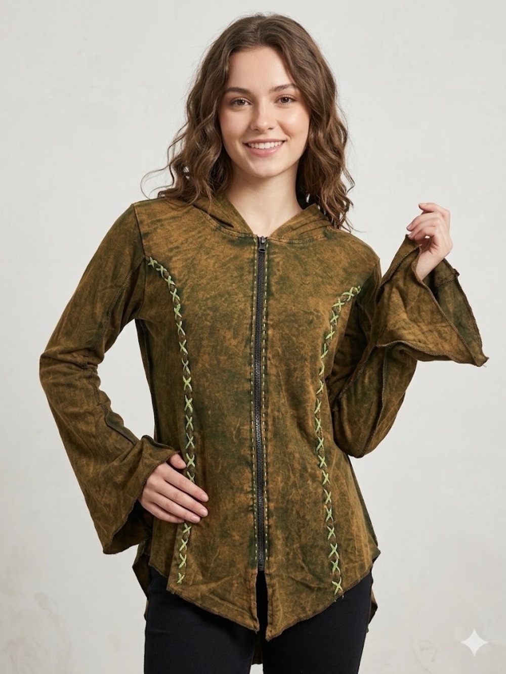 ✨Kathmandu Olive Green Brown Acid Wash Cotton Lace up Jacket flared sleeves NWT